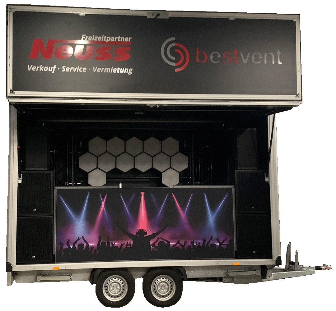 Partyanhänger von BESTVENT mit integrierter Licht- und Tontechnik, Bühne und Eventbeleuchtung für Veranstaltungen